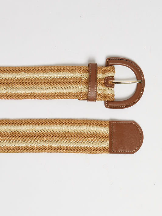 beige and tan raffia woven belt with tan leather buckle  