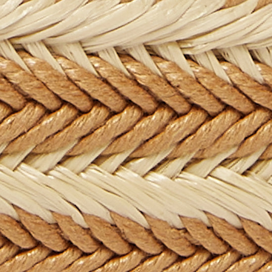 beige and tan raffia woven belt with tan leather buckle close up
