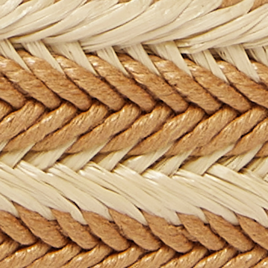 beige and tan raffia woven belt with tan leather buckle close up