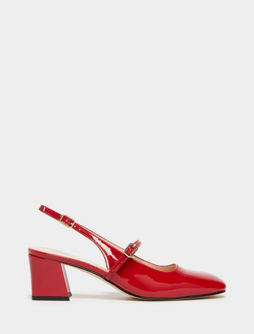 red patent leather square toe mary jane heels with slingback and strap over the foot from iblues