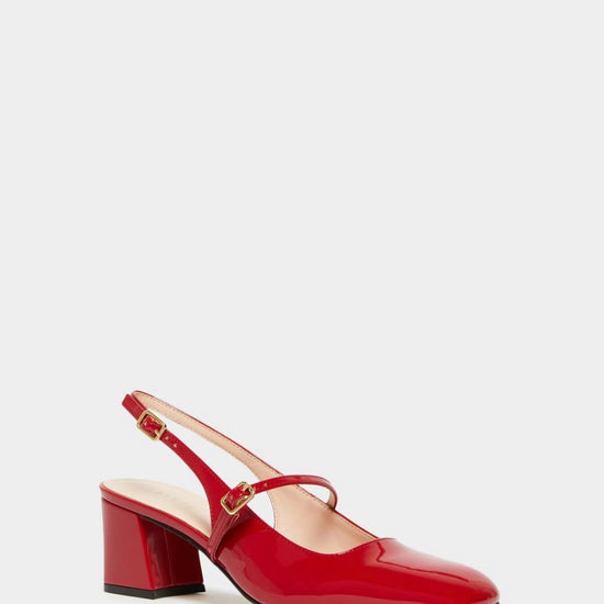 red patent leather square toe mary jane heels with slingback and strap over the foot from iblues front view