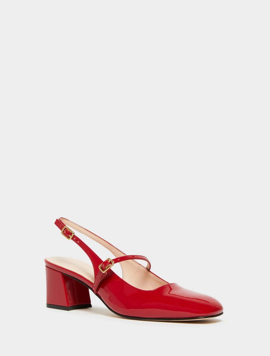 red patent leather square toe mary jane heels with slingback and strap over the foot from iblues front view