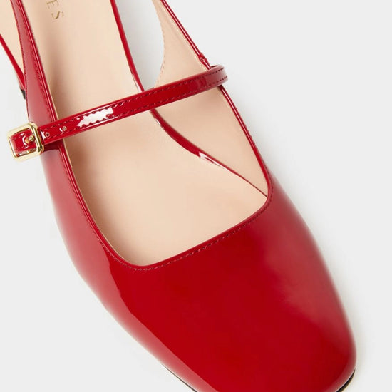 red patent leather square toe mary jane heels with slingback and strap over the foot from iblues birds eye view