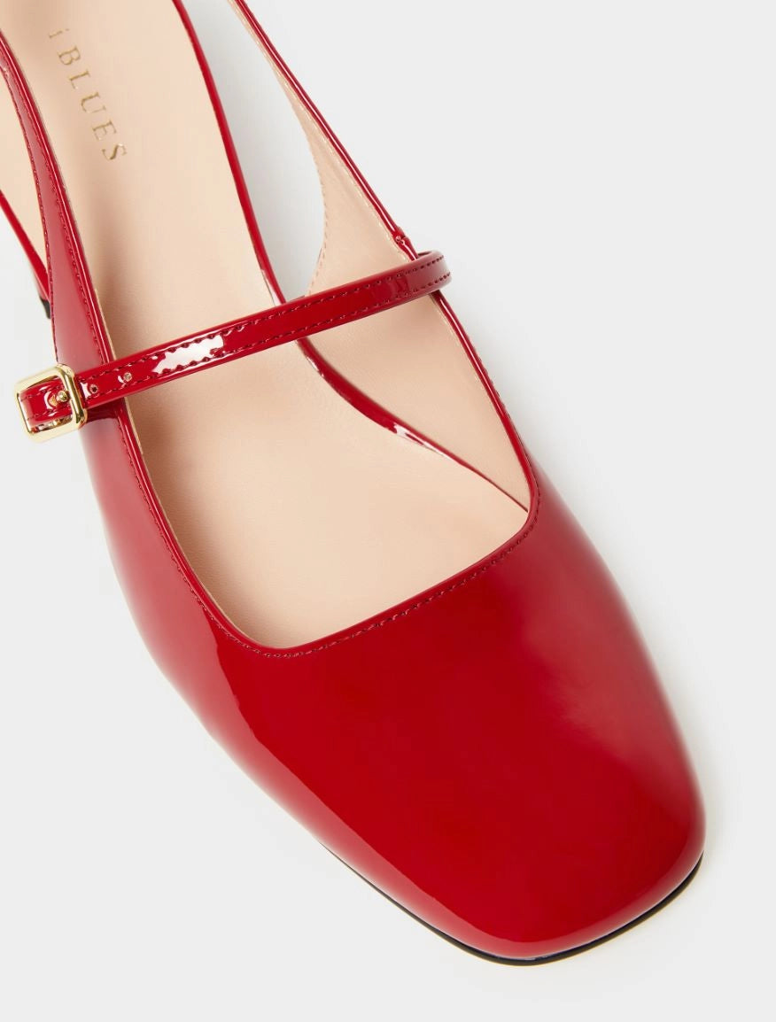red patent leather square toe mary jane heels with slingback and strap over the foot from iblues birds eye view