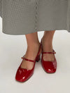 red patent leather square toe mary jane heels with slingback and strap over the foot from iblues model shot