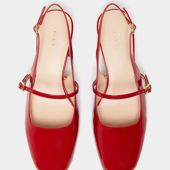 red patent leather square toe mary jane heels with slingback and strap over the foot from iblues birds eye view