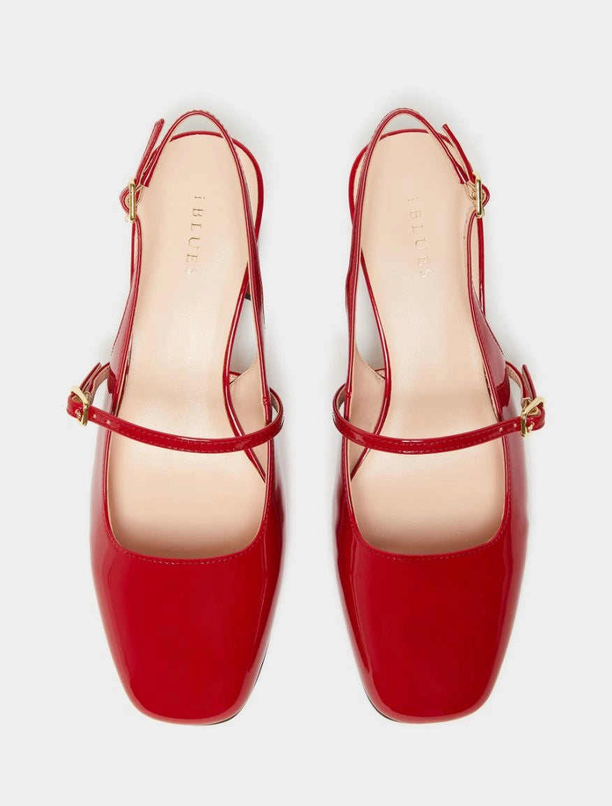 red patent leather square toe mary jane heels with slingback and strap over the foot from iblues birds eye view