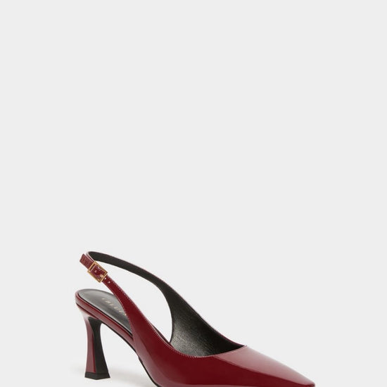 dark red patent leather sling back heels with squared toe from iblues front view