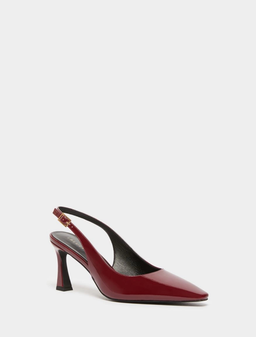 dark red patent leather sling back heels with squared toe from iblues front view