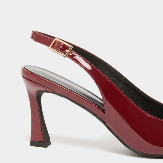 dark red patent leather sling back heels with squared toe from iblues close up