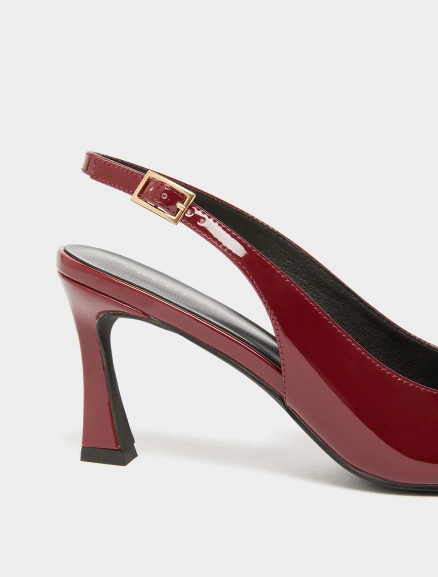 dark red patent leather sling back heels with squared toe from iblues close up