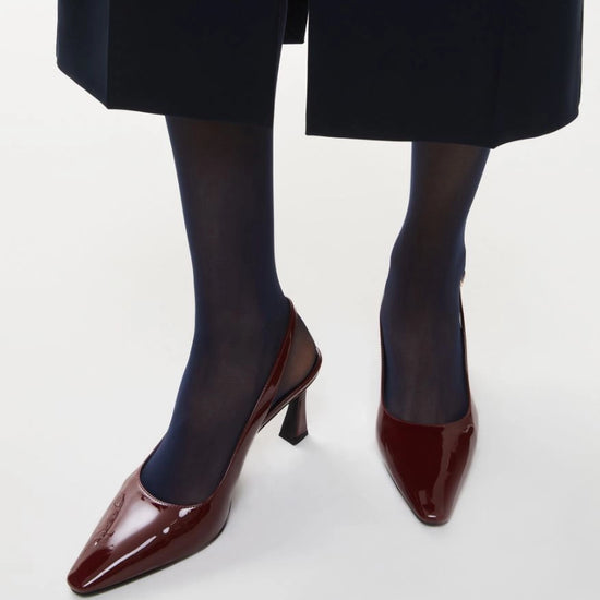 dark red patent leather sling back heels with squared toe from iblues model shot