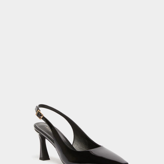 black patent leather sling back heels with square toe from iblues  front view