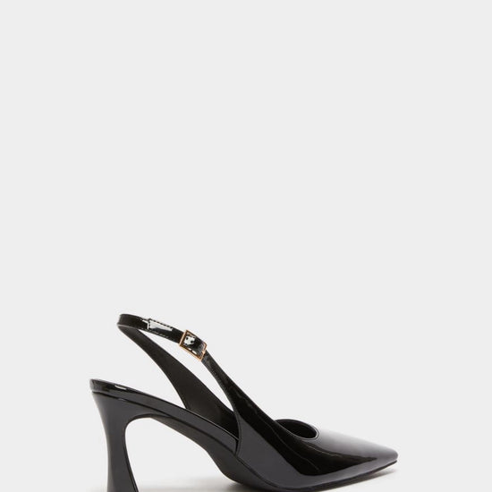 black patent leather sling back heels with square toe from iblues  view from behind