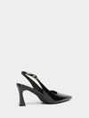 black patent leather sling back heels with square toe from iblues  view from behind