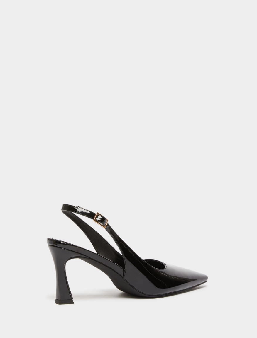 black patent leather sling back heels with square toe from iblues  view from behind