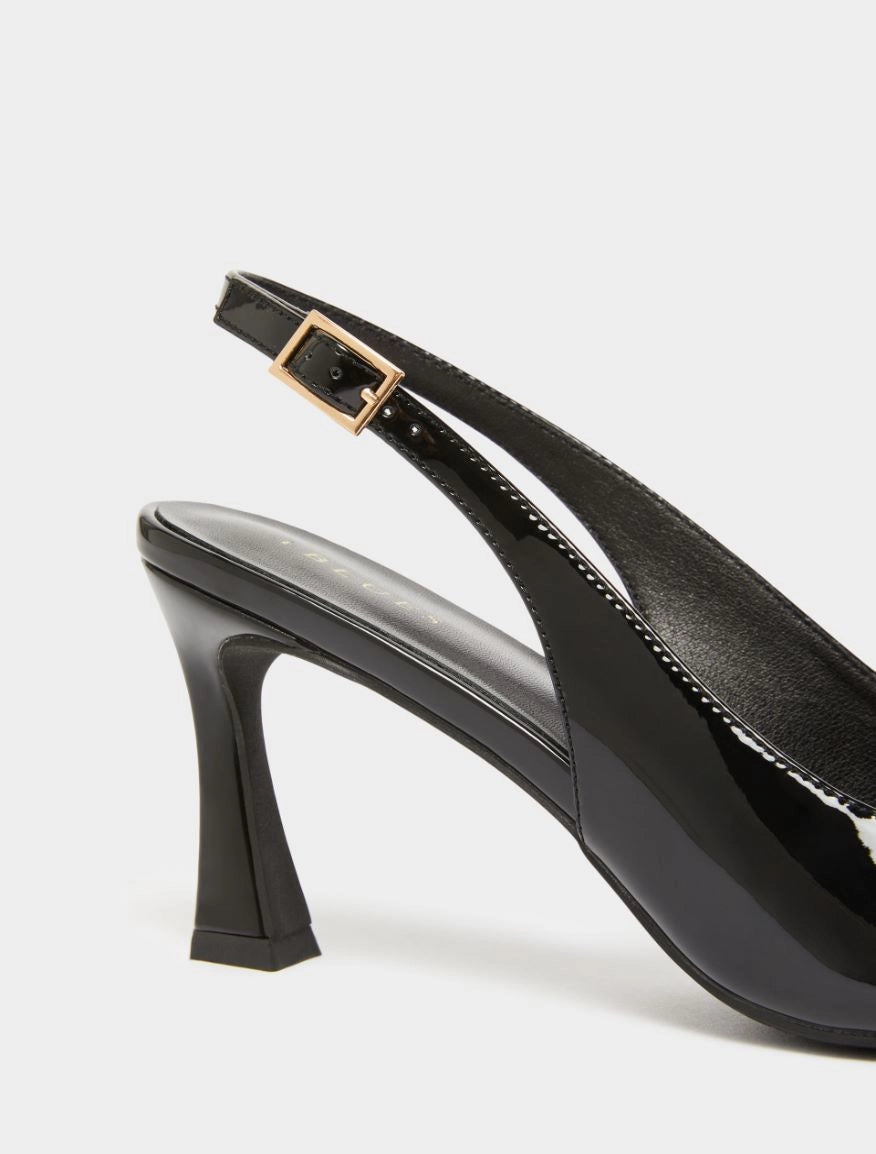 black patent leather sling back heels with square toe from iblues  close up