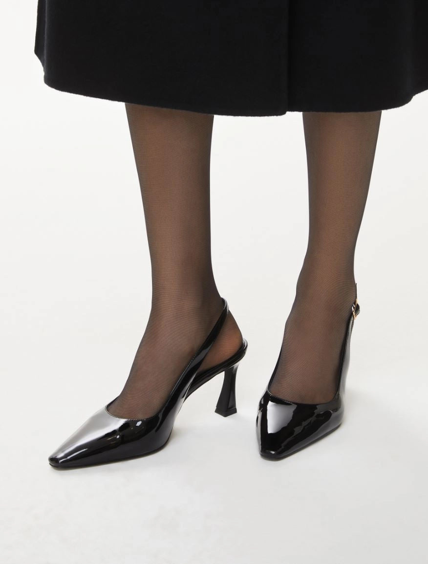 black patent leather sling back heels with square toe from iblues model shot