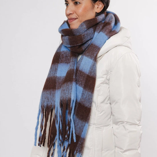 blue and brown check scarf with fringe detail 