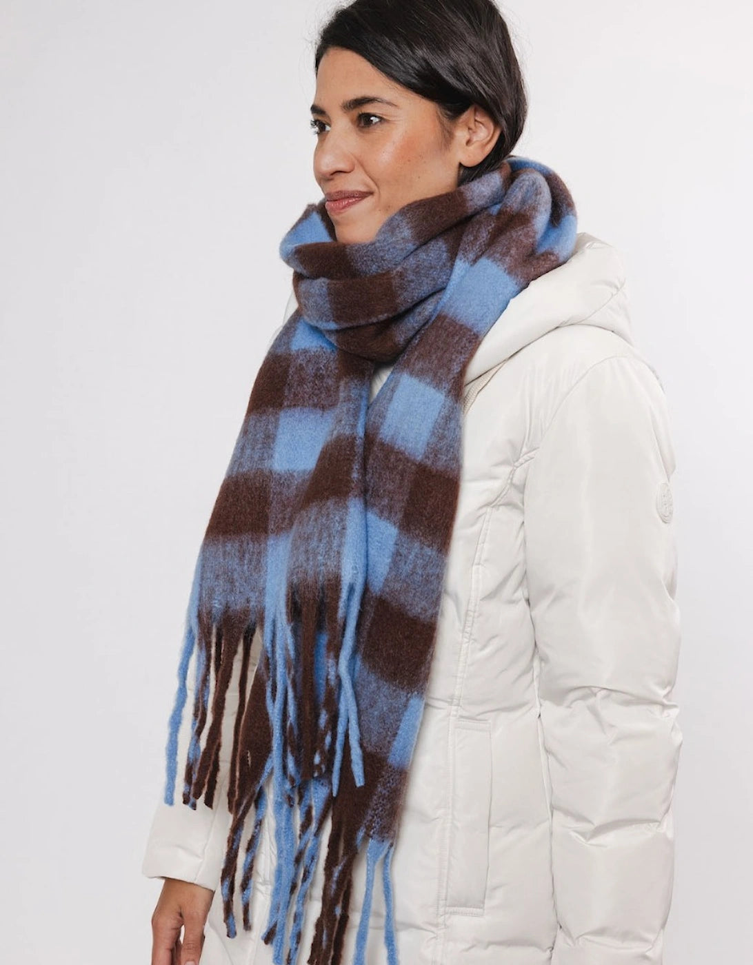 blue and brown check scarf with fringe detail 