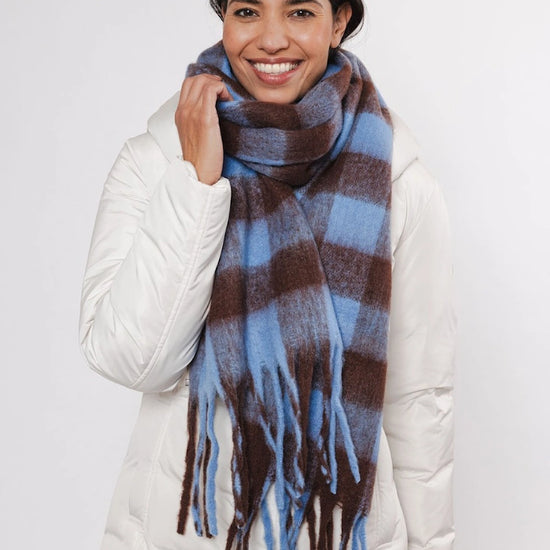 blue and brown check scarf with fringe detail 