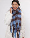 blue and brown check scarf with fringe detail 