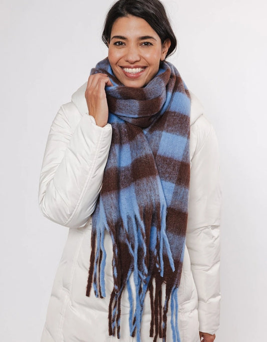 blue and brown check scarf with fringe detail 