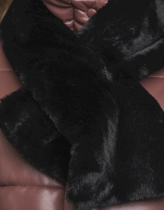 black faux fur long rectangular shaped scarf which can cross into itself 