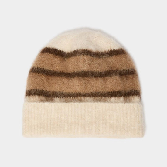 brown and cream stripe beanie on white background