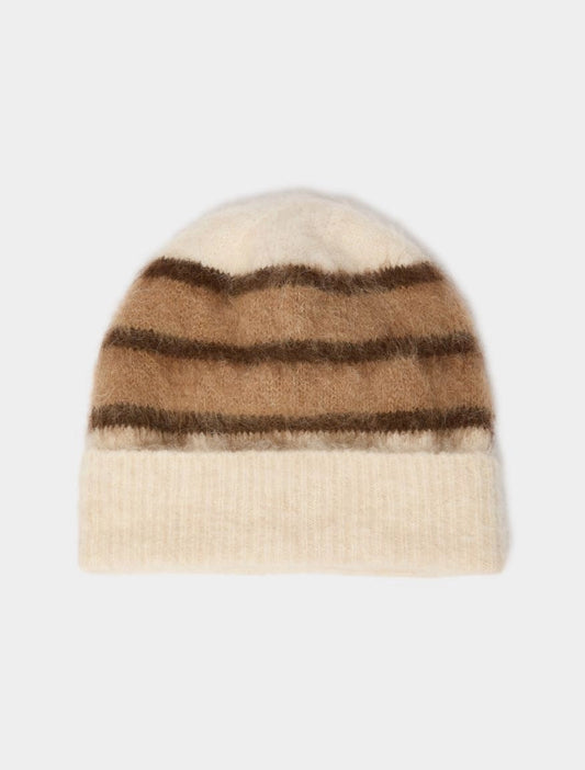 brown and cream stripe beanie on white background