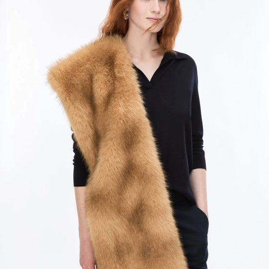 woman wearing honey faux fur scarf
