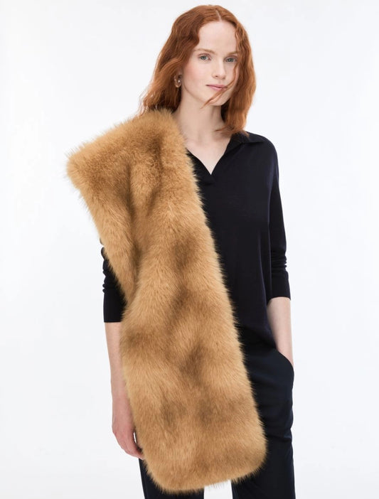woman wearing honey faux fur scarf