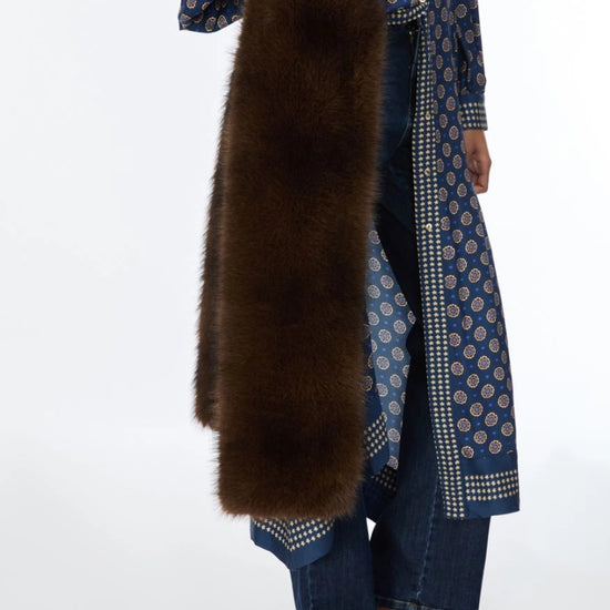 model holding chocolate brown faux fur scarf