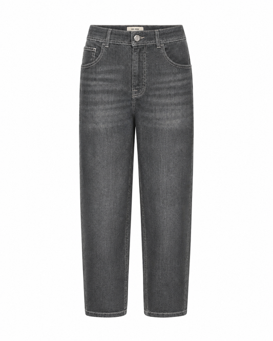 A pair of dark gray washed denim jeans shown flat against a plain white background.