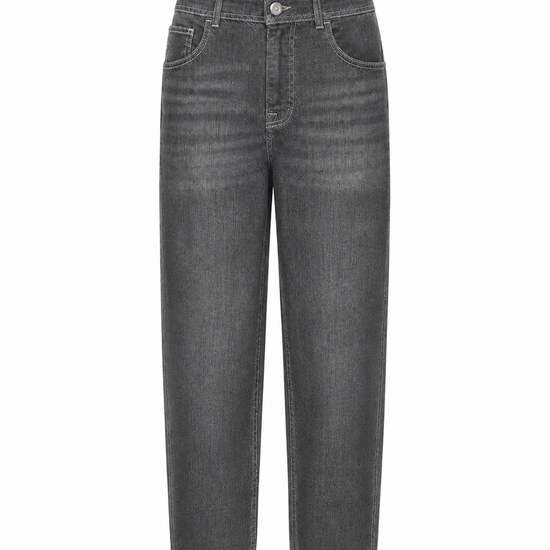 A pair of dark gray washed denim jeans shown flat against a plain white background.