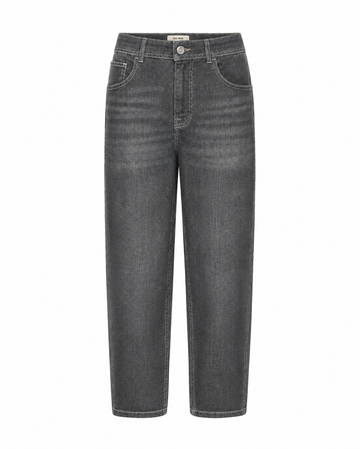 A pair of dark gray washed denim jeans shown flat against a plain white background.
