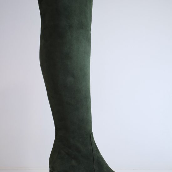 Tall green suede boot with block heel and inside zip fastening