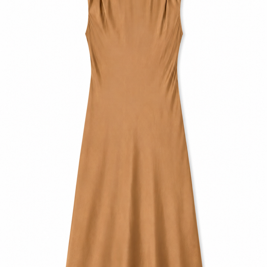 A sleeveless, scoop-neck midi dress in a warm camel brown color, shown flat against a plain white background.