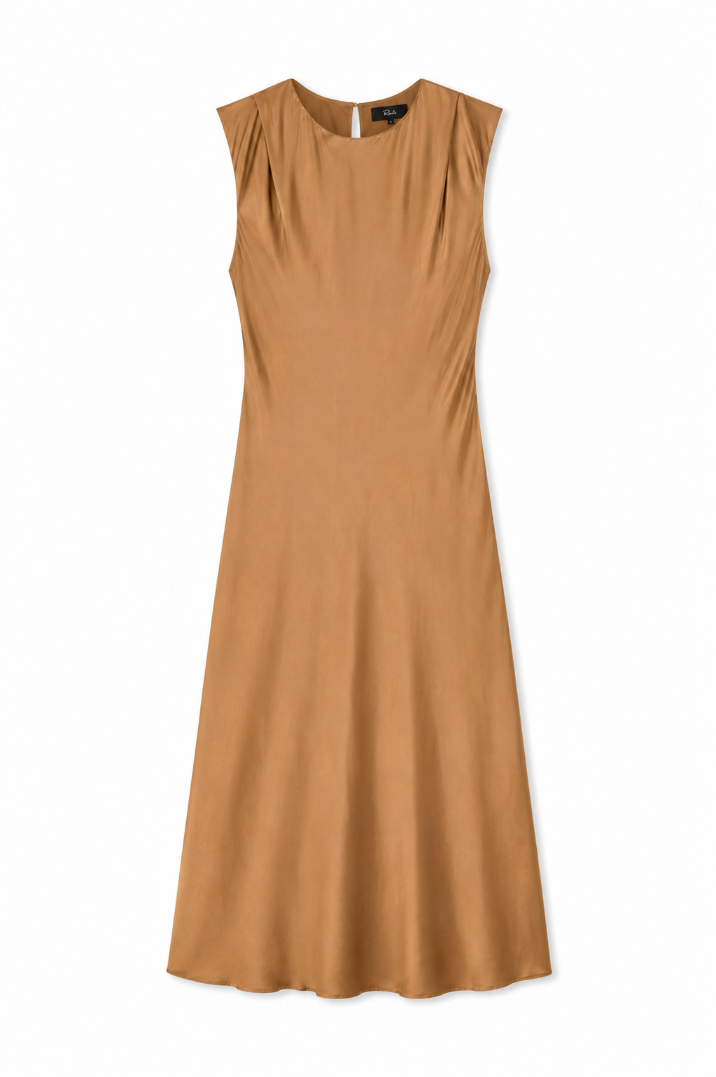 A sleeveless, scoop-neck midi dress in a warm camel brown color, shown flat against a plain white background.