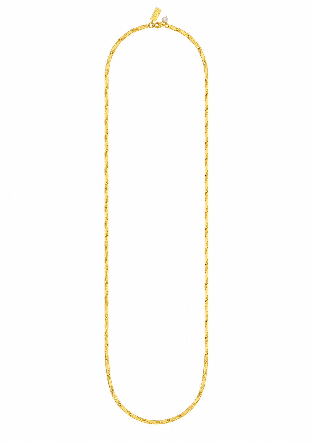 A twisted rope-style gold chain necklace displayed vertically against a solid white background.