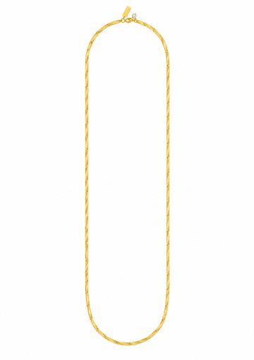 A twisted rope-style gold chain necklace displayed vertically against a solid white background.