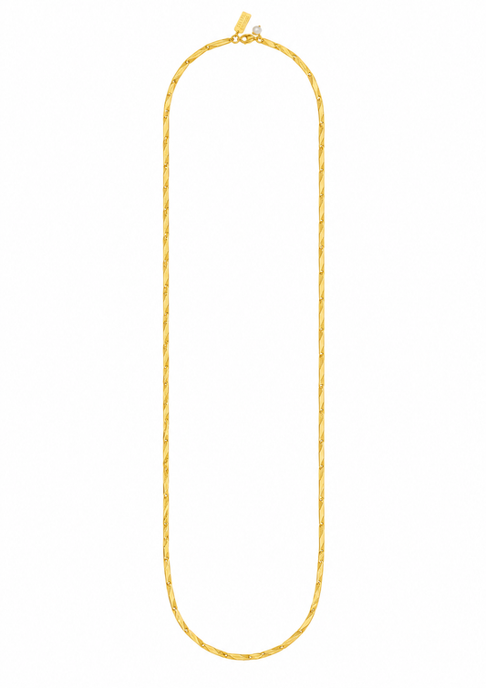 A twisted rope-style gold chain necklace displayed vertically against a solid white background.
