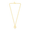 A delicate yellow gold chain necklace with a small circular pendant featuring a clear round gemstone, displayed against a solid white background.