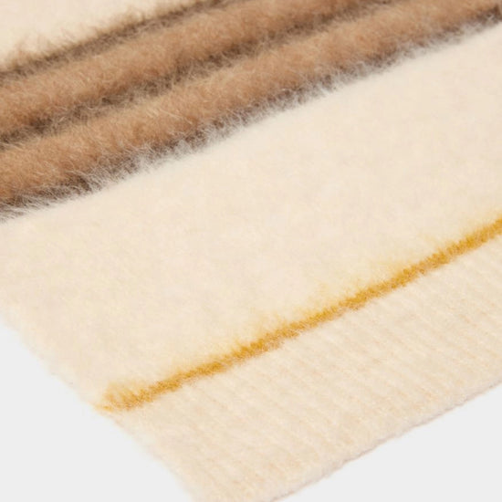 close up of brown and cream stripe scarf 