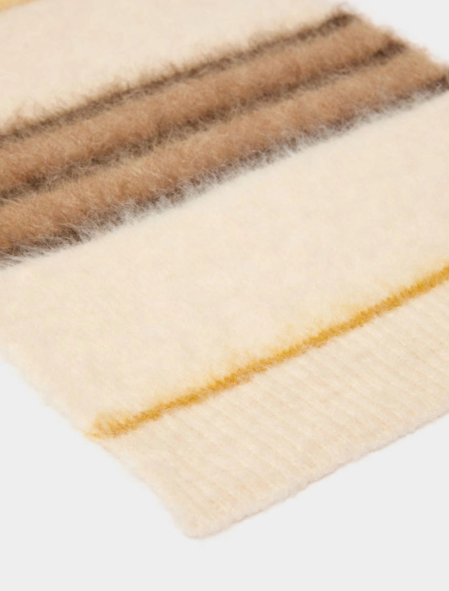 close up of brown and cream stripe scarf 