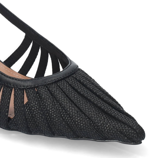 Black flat shoe with open-toe design on a white background