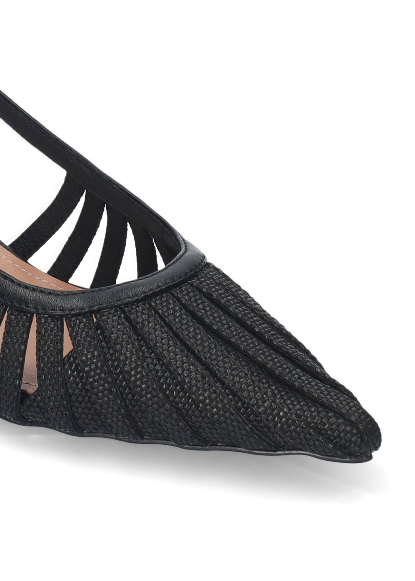 Black flat shoe with open-toe design on a white background
