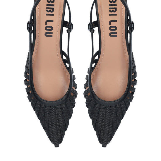 Black pointed-toe shoes with 'Bibi Lou' branding on a white background