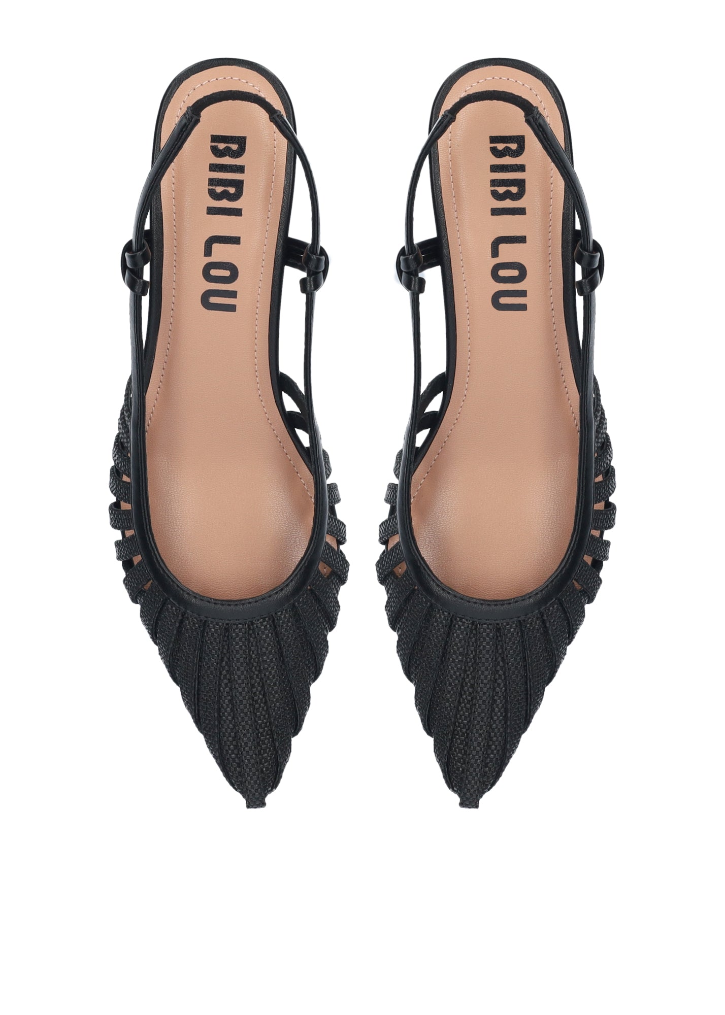 Black pointed-toe shoes with 'Bibi Lou' branding on a white background