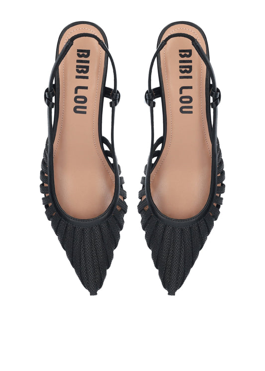 Black pointed-toe shoes with 'Bibi Lou' branding on a white background